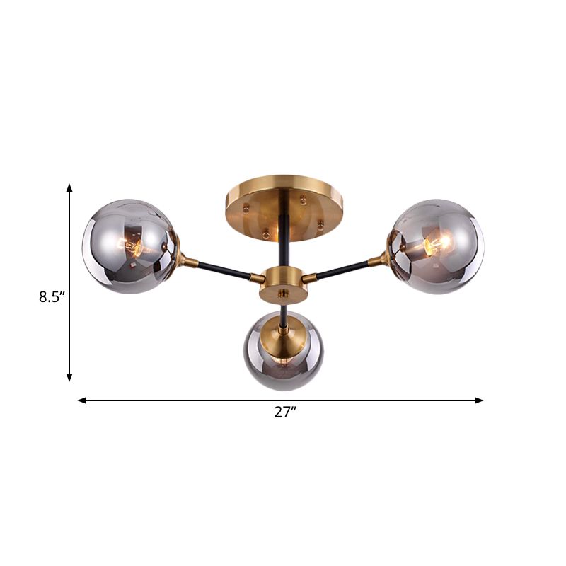 Postmodern Radial Smoke Glass Semi Flush 3/6 Heads Flush Mount Ceiling Chandelier in Brass and Black