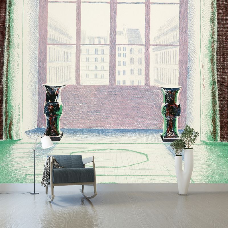 Artistic French Window Painting Murals Non-Woven Washable Green-White Wall Decor for Home