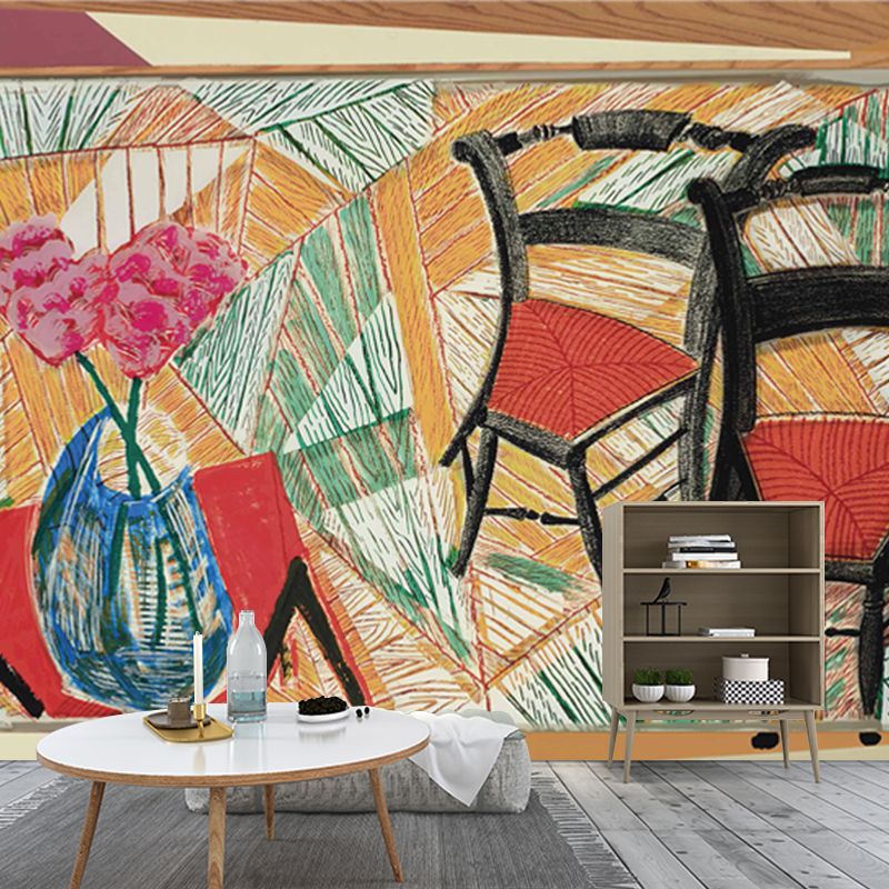 Art Flower and Chairs Mural Red-Yellow-Green Still Life Wall Decoration for Living Room
