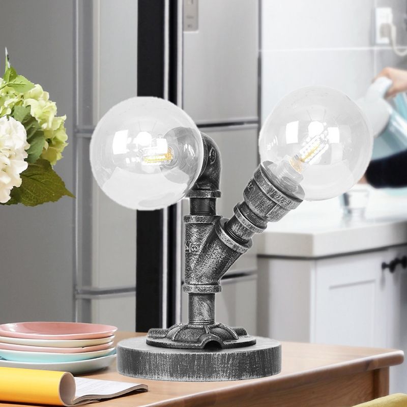 Tarea de sombra redonda de vidrio transparente/ámbar iluminación vintage estilo 2 luces lámpara de escritorio de cafetería en plata antigua/bronce