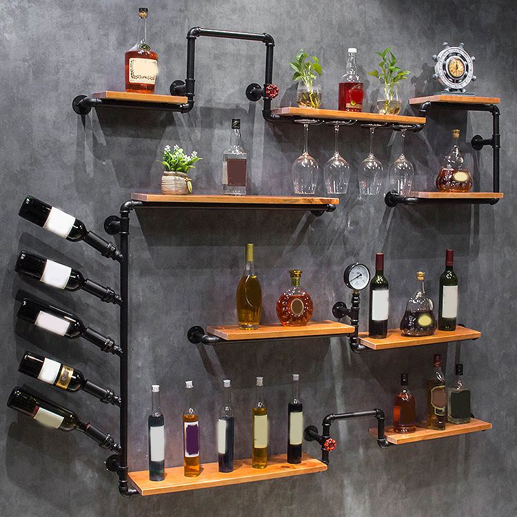 Matte Black Solid Wood Wine Rack Bottle Industrial Wall Mounted Bottle Rack Wood and Metal