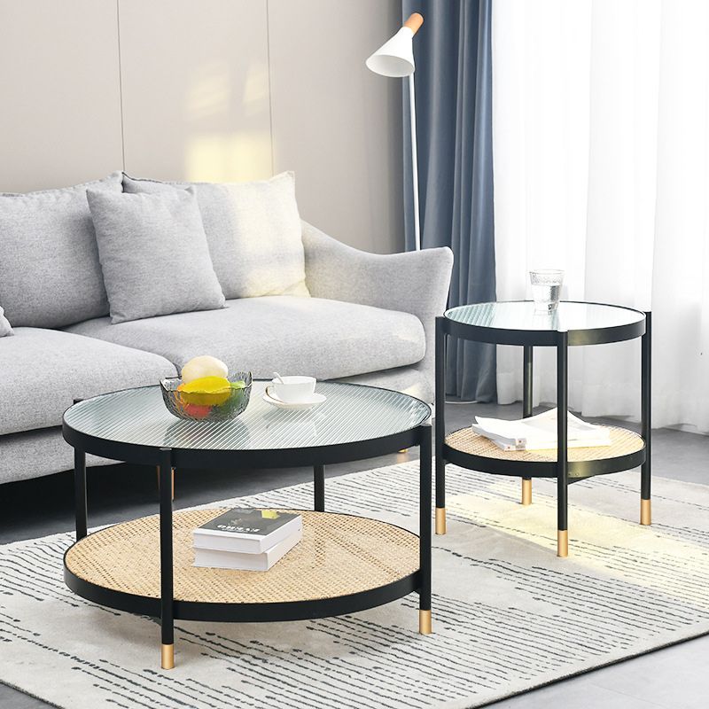 Modern Clear Glass Coffee Table with Storage Round 4 Legs Cocktail Table Set