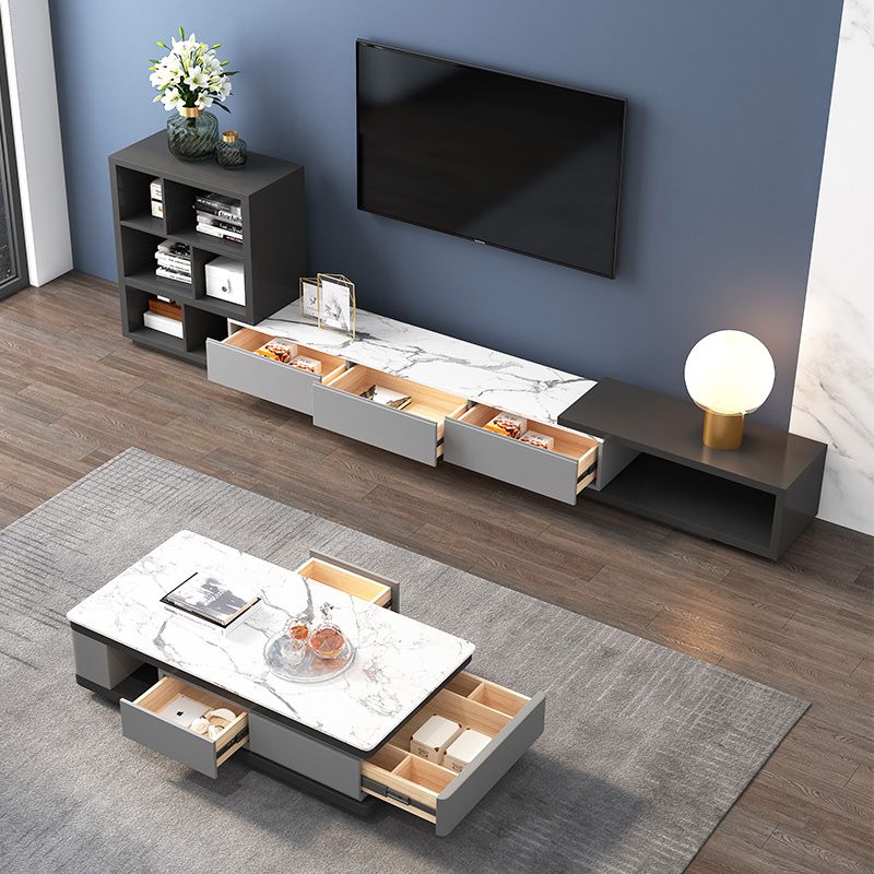White Contemporary Marble Top Coffee Cocktail Table with Storage