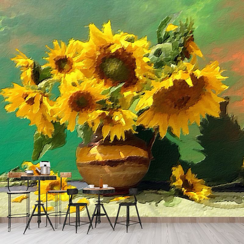 Sunflower Illustration Pattern Mildew Wall Mural Horizontalt for Living Room