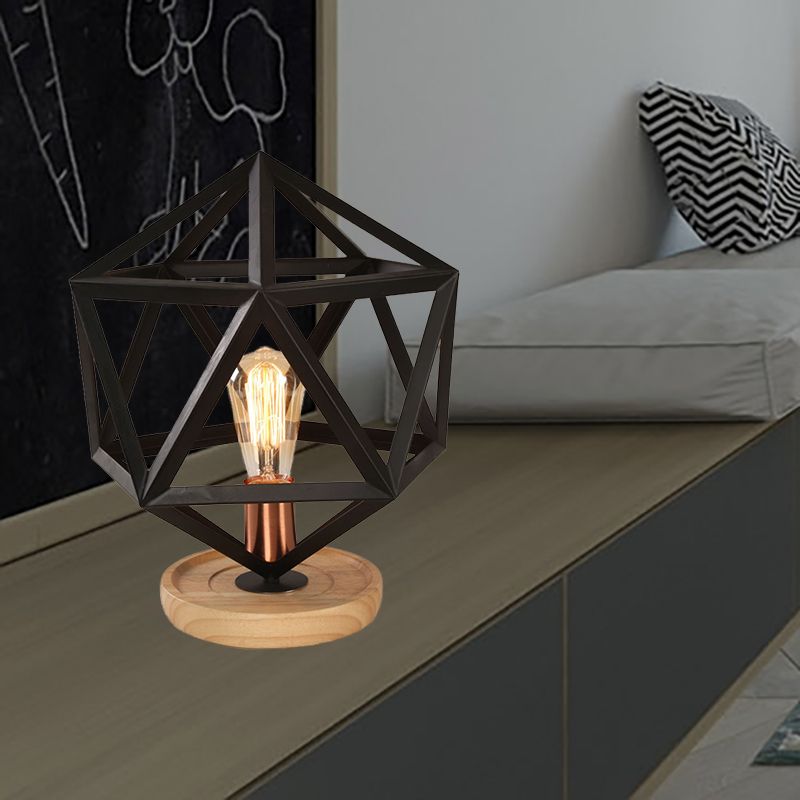 1 lampe de table de bulbe industrielle élégante poire / barillet ombre en métal et lampe à tâche en bois avec garde de fil en noir pour chambre à coucher