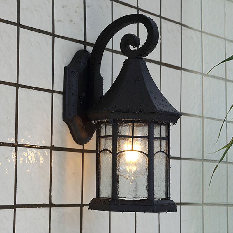 Seeded Glass Pavilion Sconce Light Farmhouse 1 Light Outdoor Wall Mount Lamp in Black/Bronze with Open Bottom Design