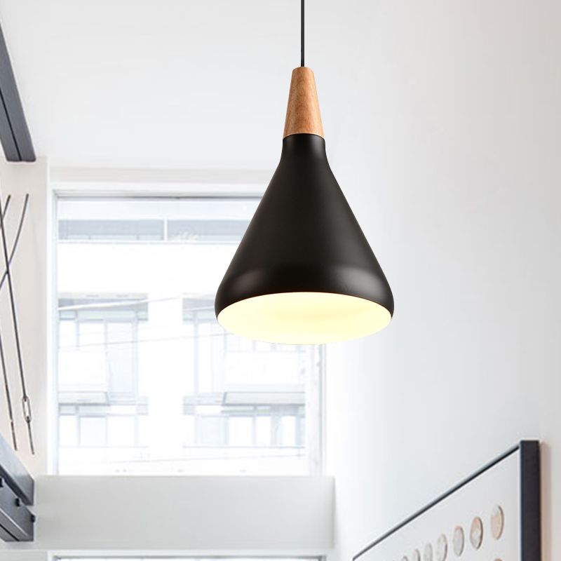 7"/11"/15" W Cone Dining Table Pendant Lighting Simple Style Metallic 1 Head Hanging Lamp with Adjustable Cord in Black/Grey/White