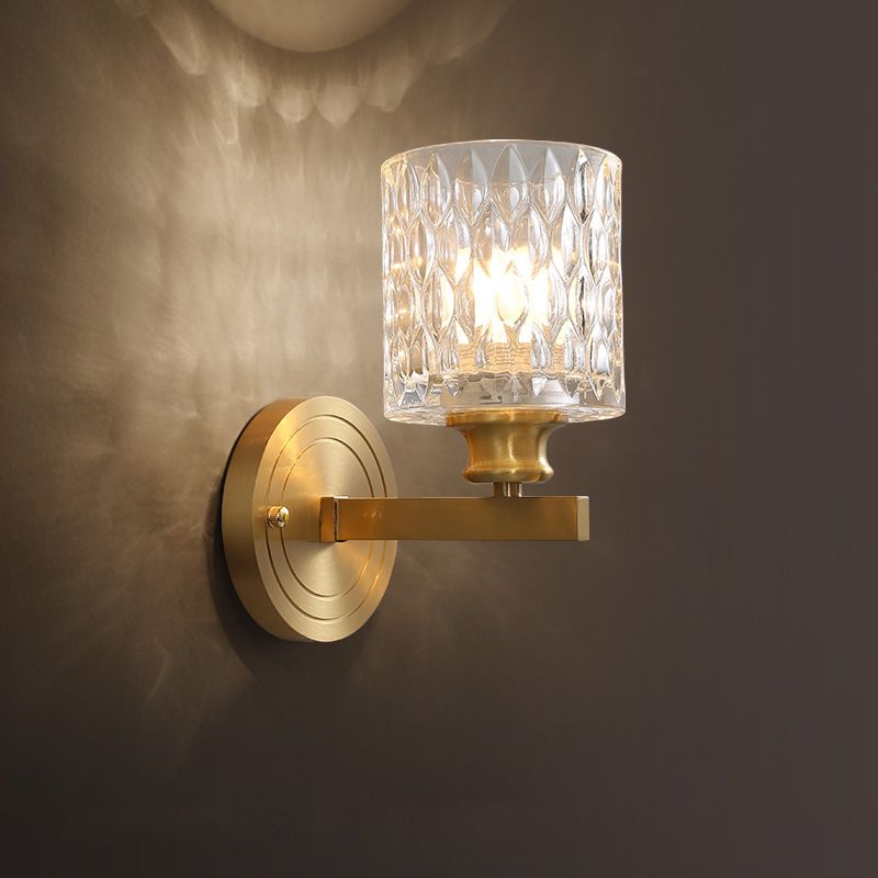 Cylindrical Wall Light Contemporary Stylish Clear Dimpled Glass 1 Bulb Golden Wall Sconce Fixture for Bedroom