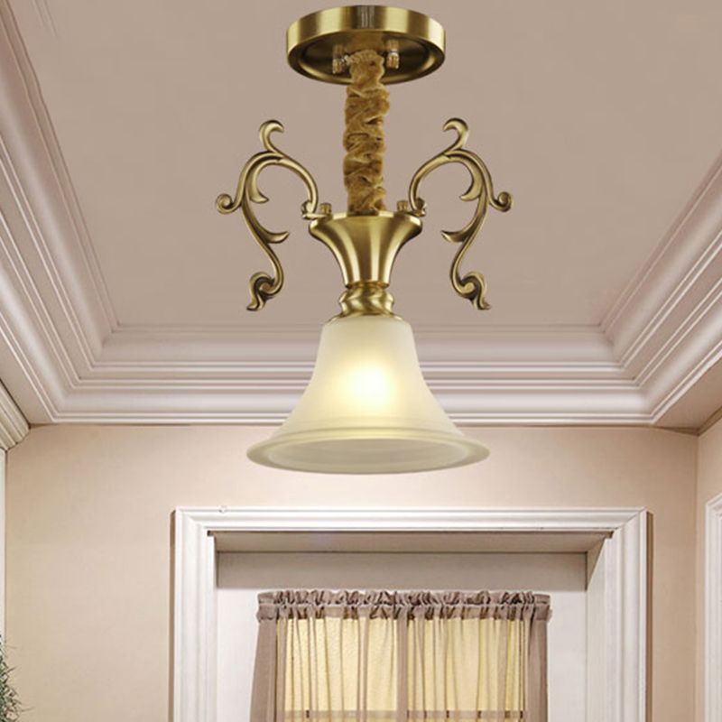 Brass 1 Head Hanging Lighting Colonial White Frosted Glass Bowl/Dome/Trapezoid Ceiling Suspension Lamp for Porch