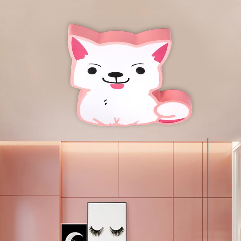 LED Kindergarten Flush Mount Pendant Light Cartoon Style Yellow/Pink Ceiling Mounted Fixture with Cat Acrylic Shade in Warm/White Light