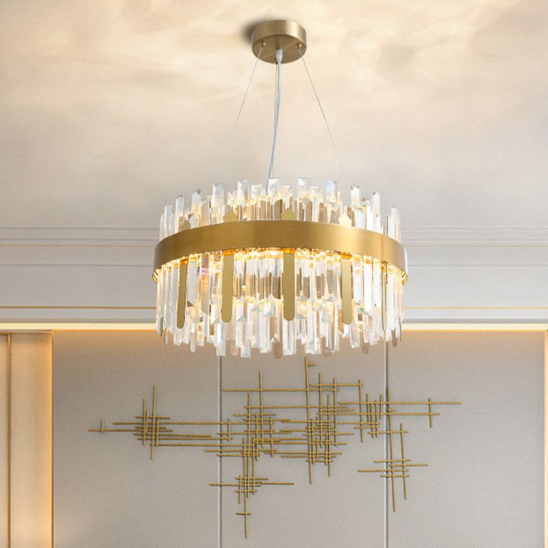 Drum Ceiling Chandelier Modernism Cut Crystal LED Gold Hanging Light Kit for Dining Room