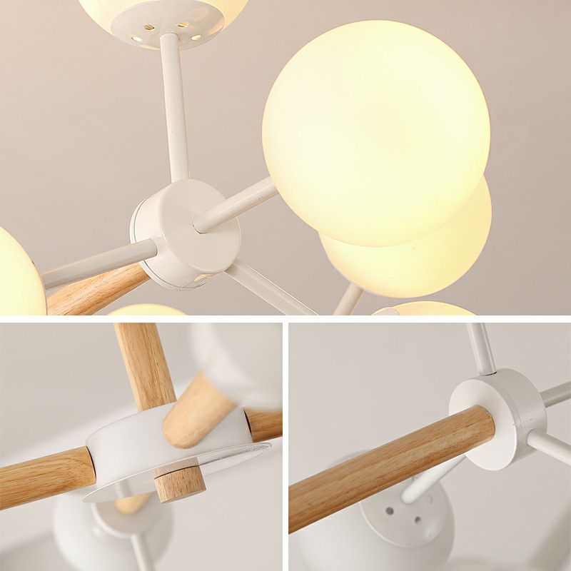 Lámpara de lámpara de molécula de madera lámpara de metal nórdico luz con sombra de vidrio de bola
