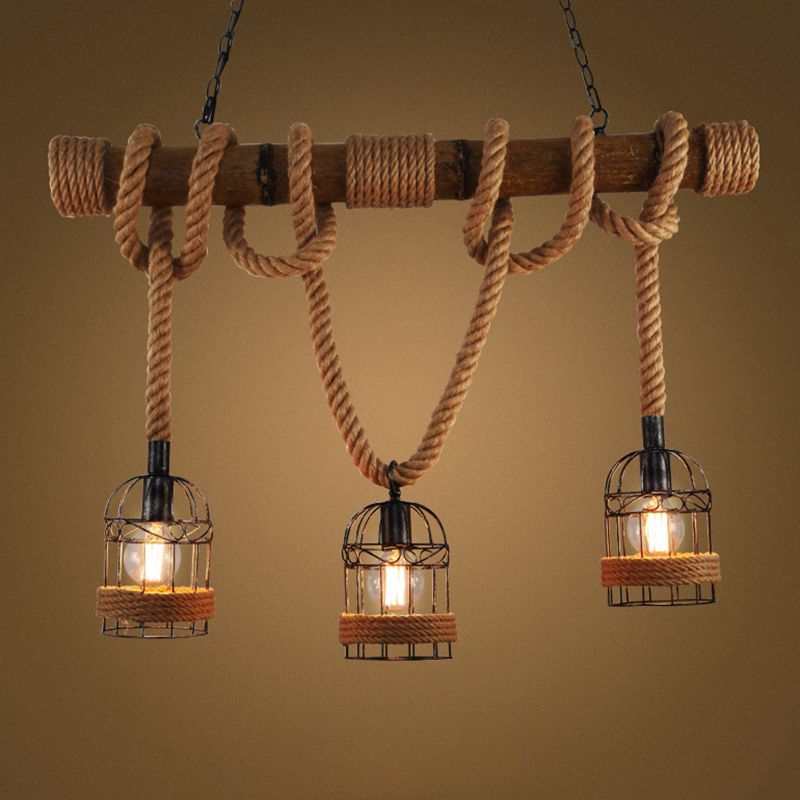 Flaxen 3 Bulbs Suspension Lighting Retro Metallic Birdcage Island Ceiling Light with Hemp Rope