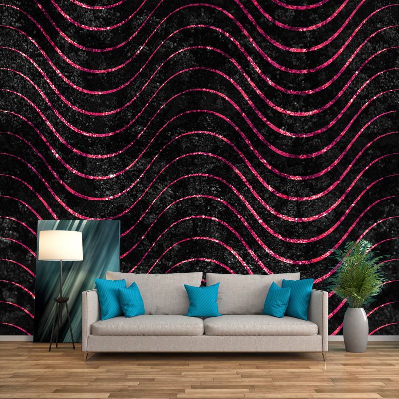 Large Modern Art Mural Dark Color Wavy Lines Foil Wall Covering, Made to Measure