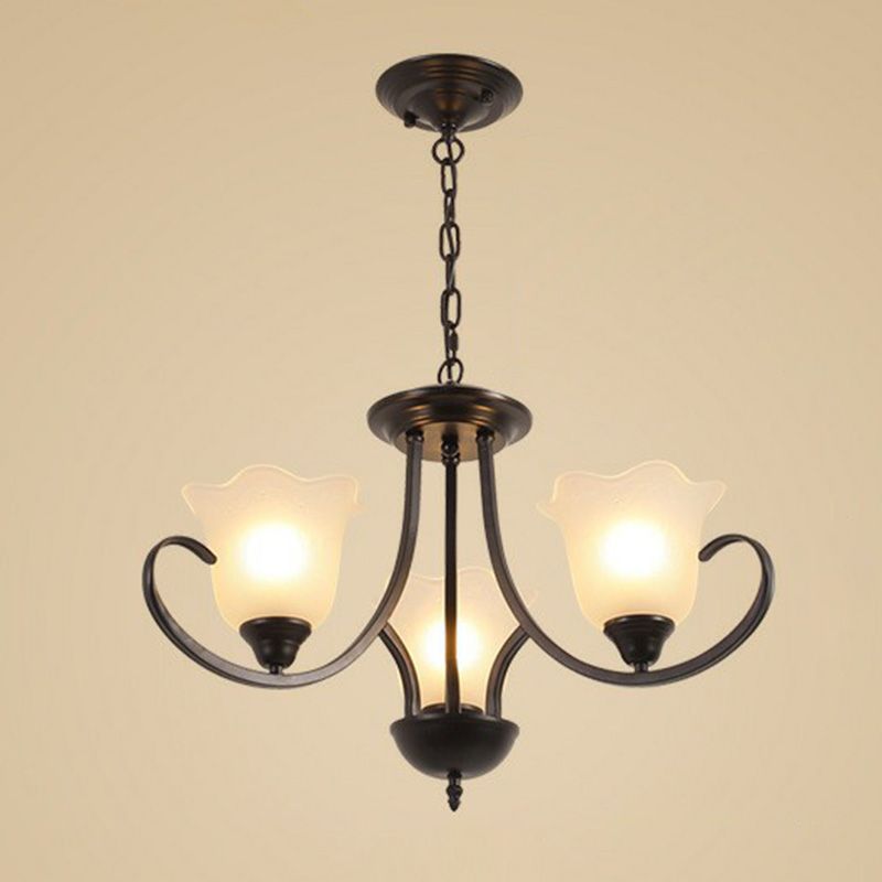 Classic Floral Chandelier Lighting Iron Pendant Light with Ruffled Cream Glass Shade