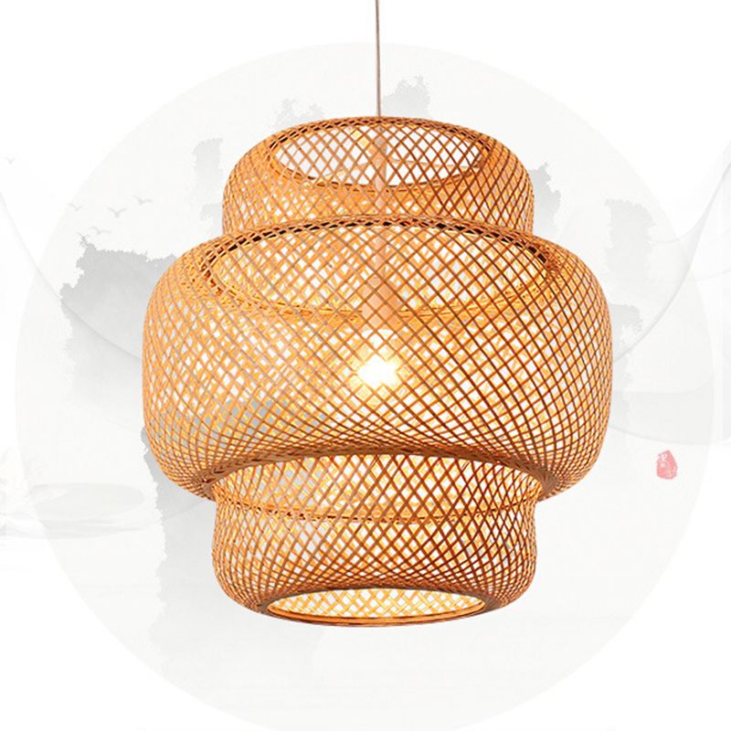 Asian Style Bamboo Weaving Lantern Hanging Light Wooden Single Bulb Ceiling Suspension Lamp for Cafe Shop