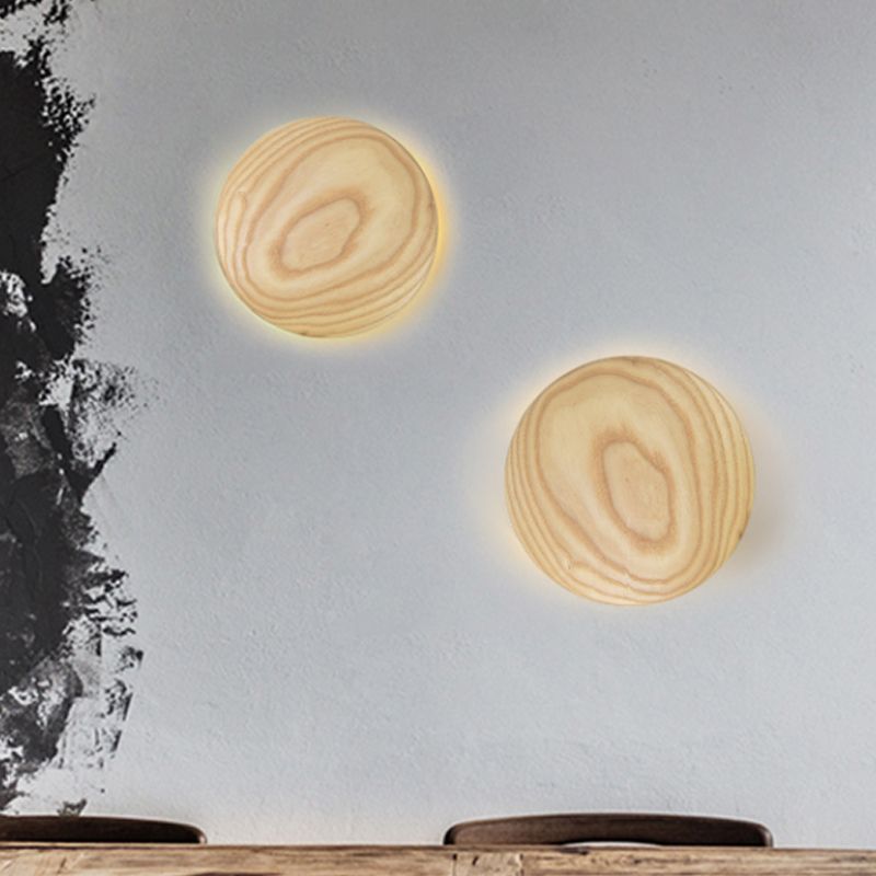 Wood Circle Wall Lighting Ideas Minimalism 5"/7" Width LED Beige Surface Wall Sconce for Parlor