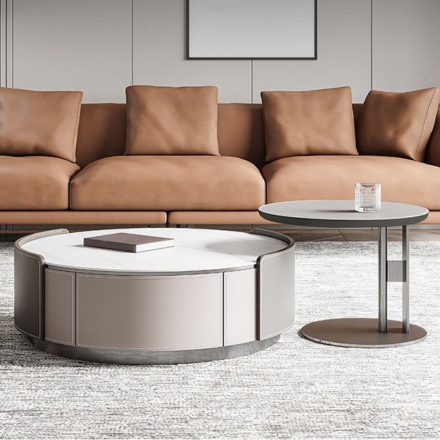 Slate and Leather Drum Coffee Table Modern Round Cocktail Table Set with Storage