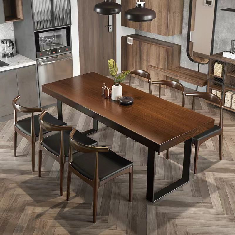 Brown Solid Wood Top Table Rectangle Black Iron Sled Base Dining Table