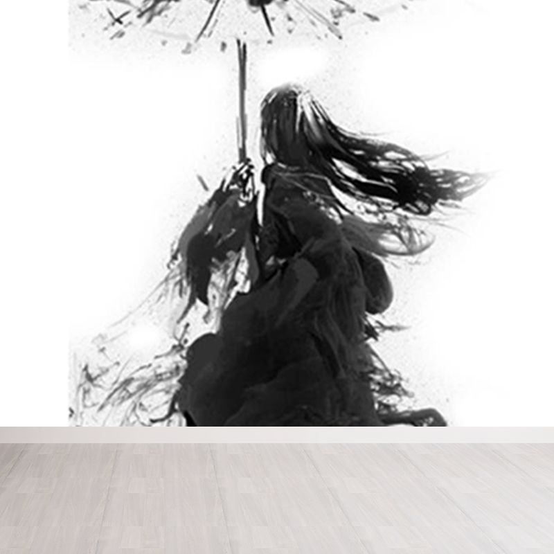 Black Modern Mural Wallpaper Huge Swordsman Portrait Wall Covering for Guest Room