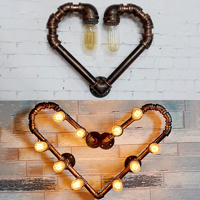 Loving Heart Metal Wall Lamp with Pipe Design Industrial 2/10 Lights Restaurant Sconce Lighting Fixture in Bronze
