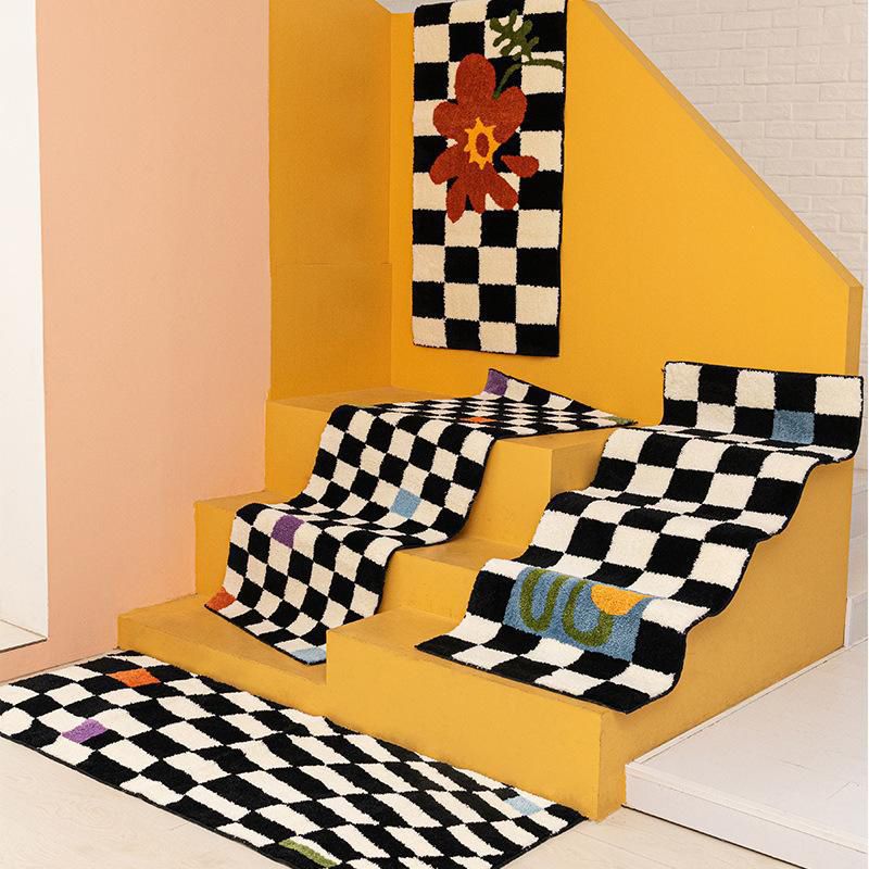 Black Modern Rug Polyester Grating Rug Stain Resistant Rug for Living Room