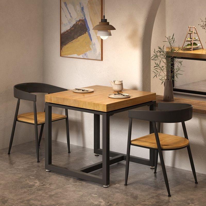 Metal Industrial Square Dining Table Pine Solid Wood Top Table with Trestle Base