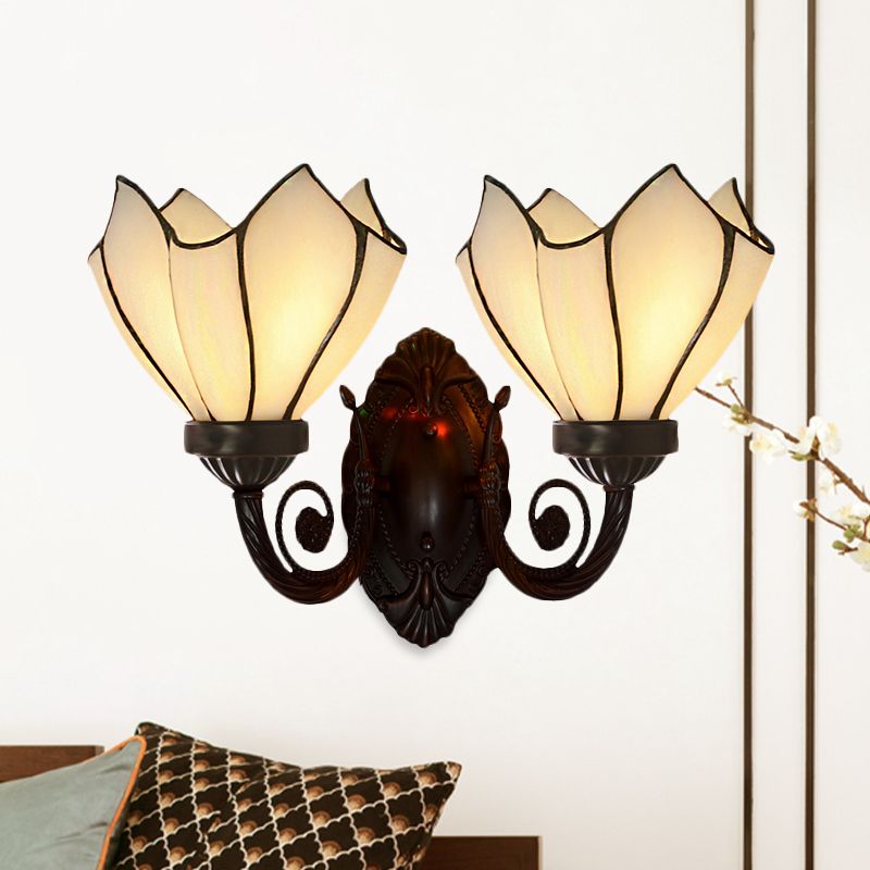 Petal Wall Sconce 2 Lights White/Pink Glass Mediterranean Wall Lighting Fixture with Swirl Arm for Living Room