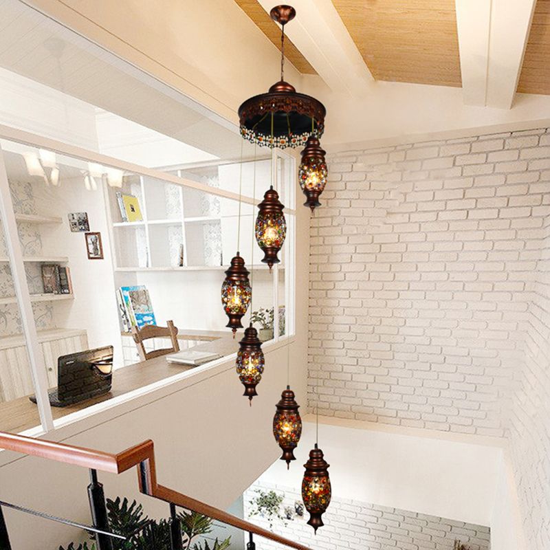 6 Bulbs Oval Cluster Pendant Bohemian Copper Metal Hanging Ceiling Light for Living Room