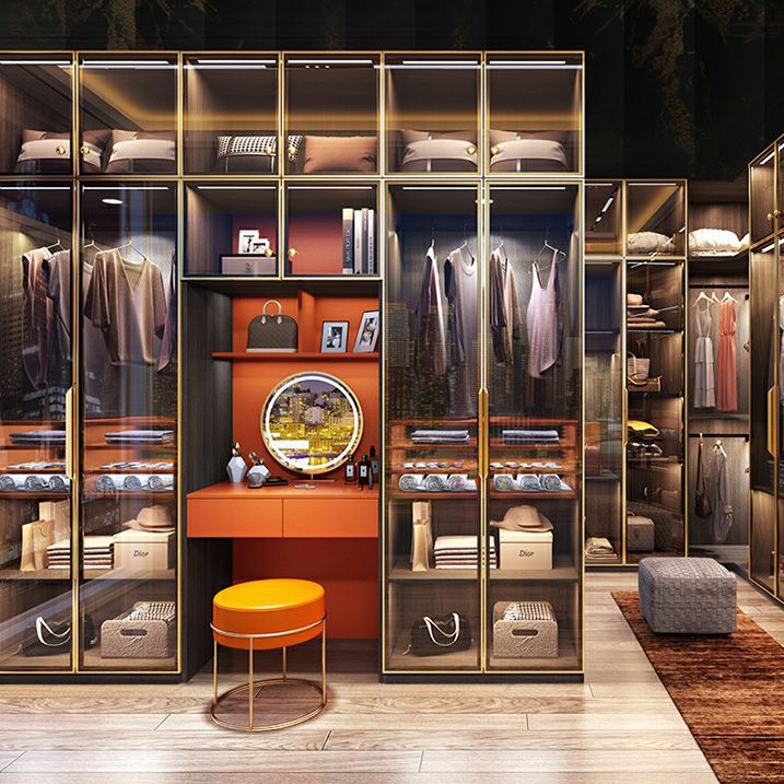 Modern Black Wardrobe for Home Mirrored Finish Cabinet with Glass Doors