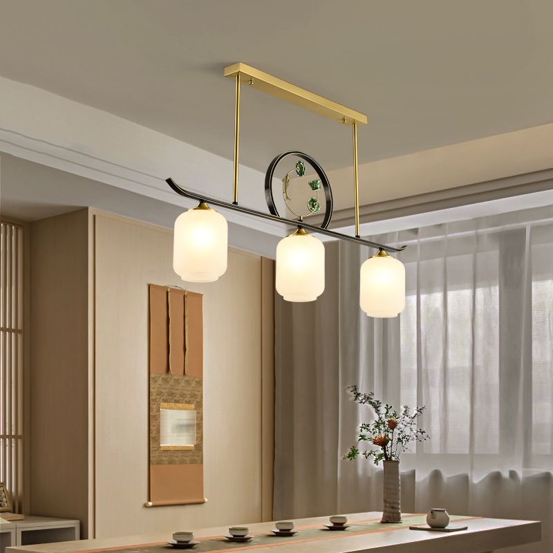 Modern Style Cylindrical Shape Island Lights White Glass 3-light Island Lighting in Gold