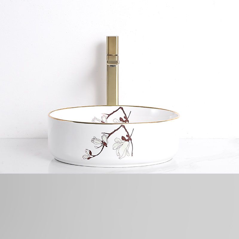 Traditional Vessel Sink Round Porcelain with Faucet Vessel Bathroom Sink