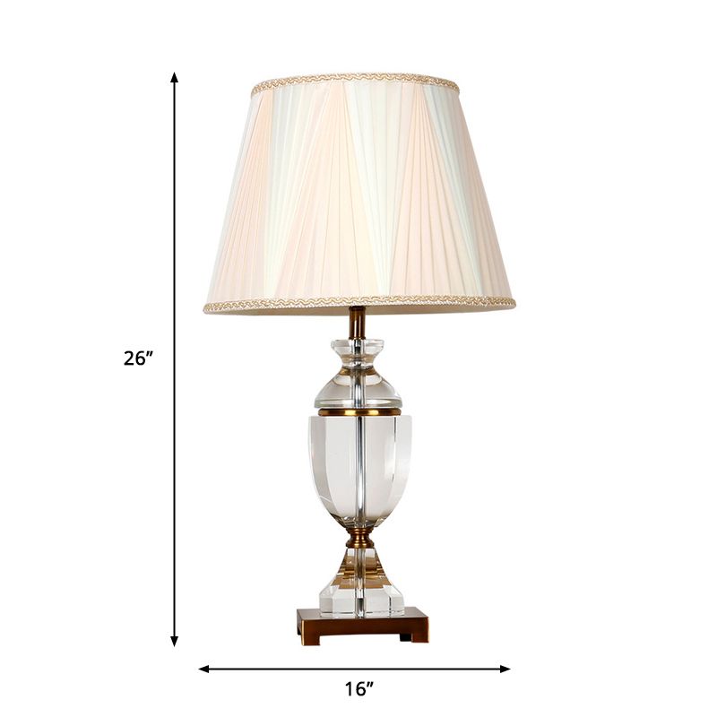 Lampe de nuit en tissu à tête unique, lampe de table de chevet conique blanche de campagne avec Base en cristal
