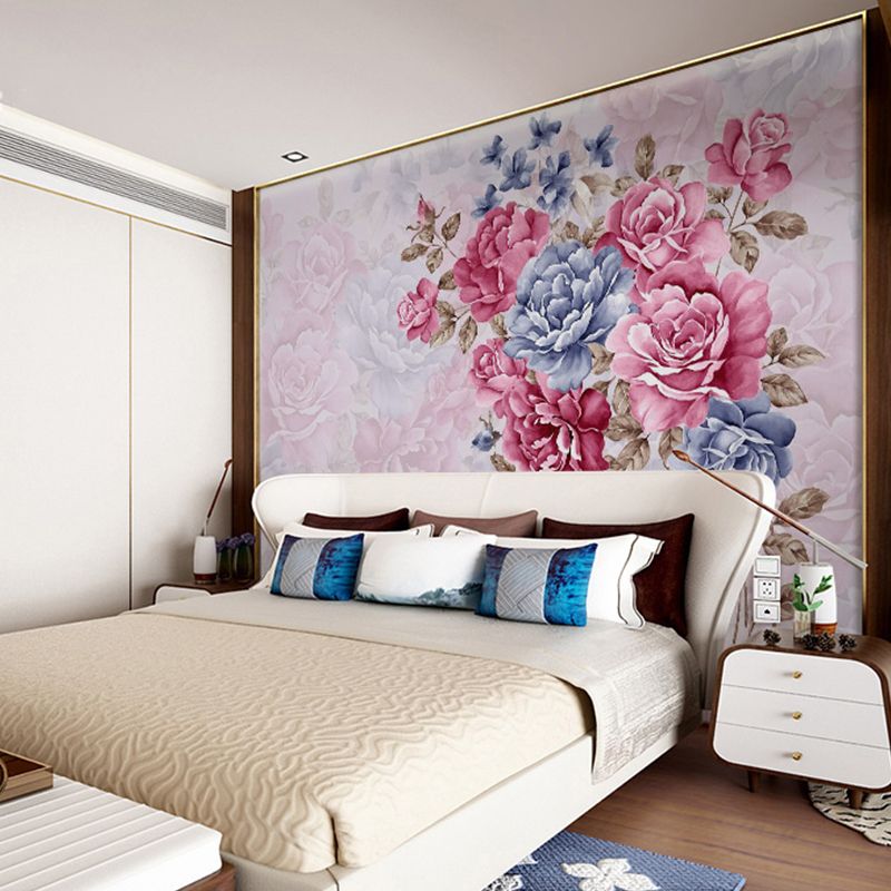 Full Size Wall Covering for Living Room Cluster Flower Mural in Pink and Blue, Moisture-Resistant