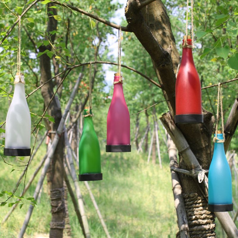 Wine Bottle LED Pendant Light Art Decor Plastic Courtyard Solar Hanging Lamp in Blue