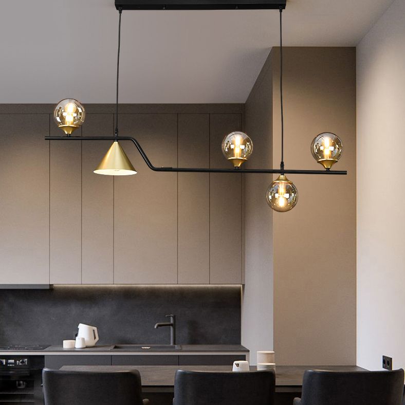 Metal Linear Island Light with Glass Ball Shape Nordic Minimalist Style Metal Island Pendant for Dining Room