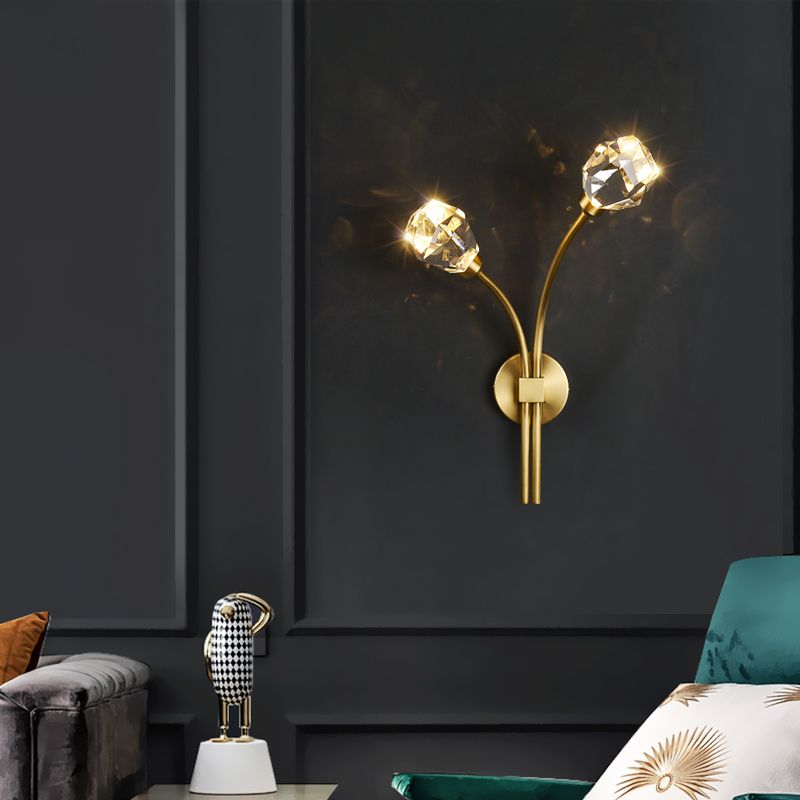 Modern Brass Wall Light 2 Lights Wall Sconce with Crystal for Living Room