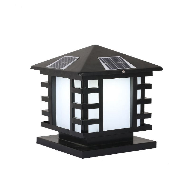 Metal Rectangle Shape Solar Pillar Lamp Modern 1 Light Waterproof Outdoor Light in Black