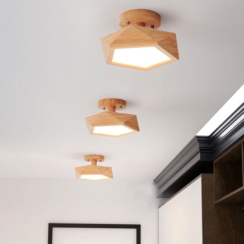 Pentagon Faceted LED Semi Flush Mount Simplicity Wood Corridor Ceiling Mounted Light
