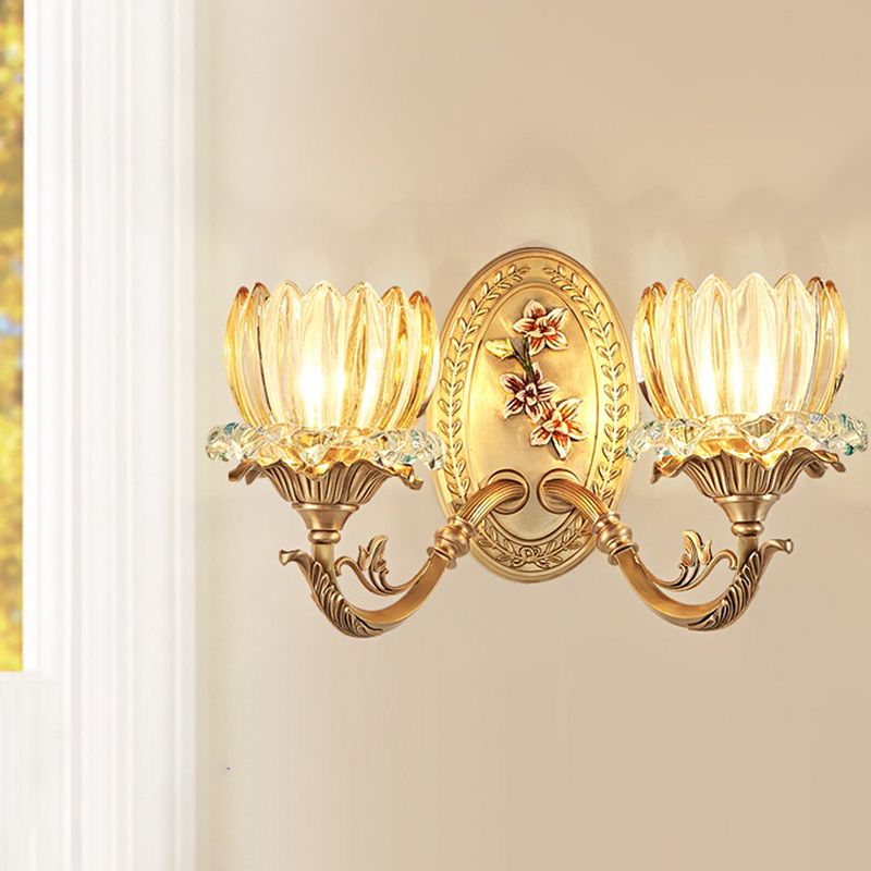 Antique Flower Wall Lamp 2 Lights Clear Ribbed Glass Sconce Lighting Fixture in Gold