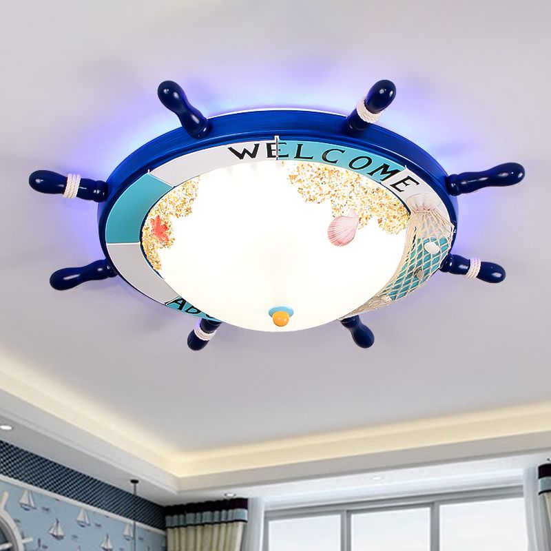 Frosted Glass Dome Flush Mount Lamp Nordic Light/Dark Blue LED Ceiling Lighting with Rudder Design