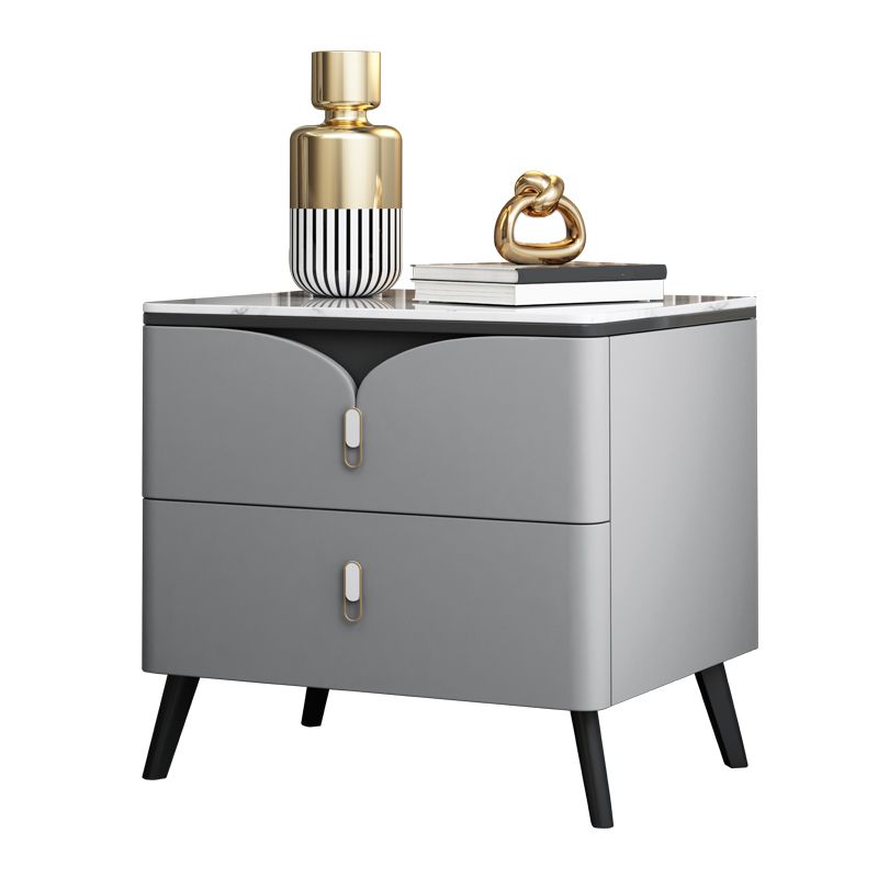 18 Inch H Night Table Modern Solid Wood 2-Drawer Stone Top Faux Leather Nightstand
