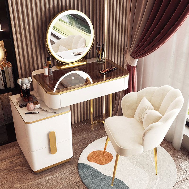 Glass Top Make-up Vanity Wood Dressing Table with  Storage Drawers