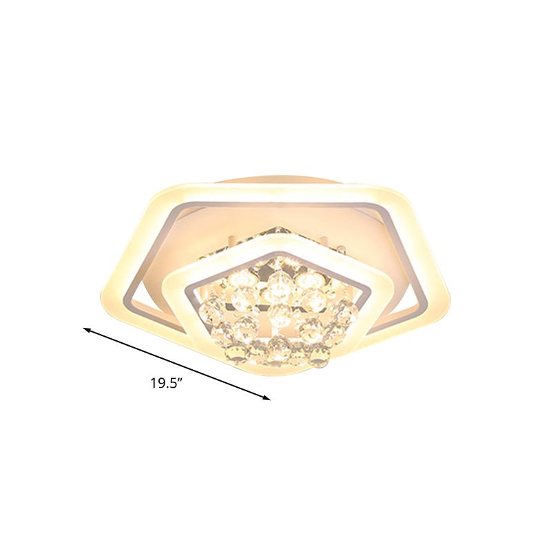 Pentagon Crystal Ball Flush Mount Light Modernism White 19.5"/23.5"/27.5" Wide LED Ceiling Fixture in Warm/White Light