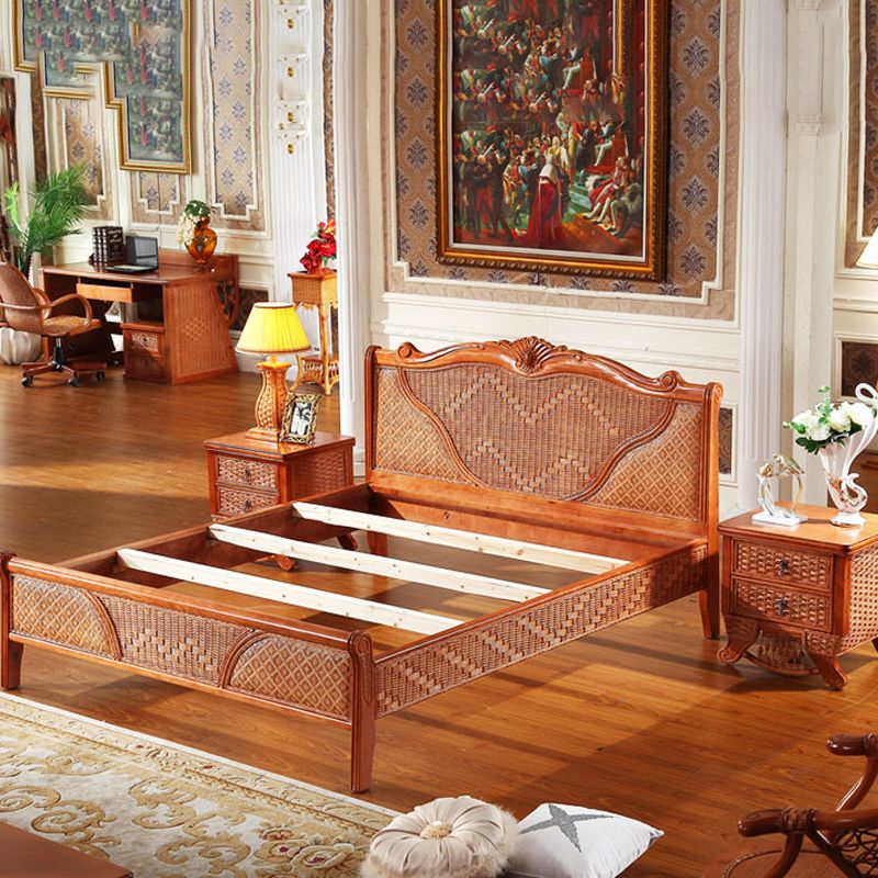 Mid Century Beveled Standard Bed Wicker & Rattan Bed Frame in Natural