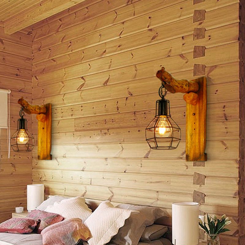 Kugelkäfigschlafzimmerleuchter leichter Vintage Stylish Metal 1 Glühbirne Schwarze Wand Hanging Lampe mit Holzrückenplatte