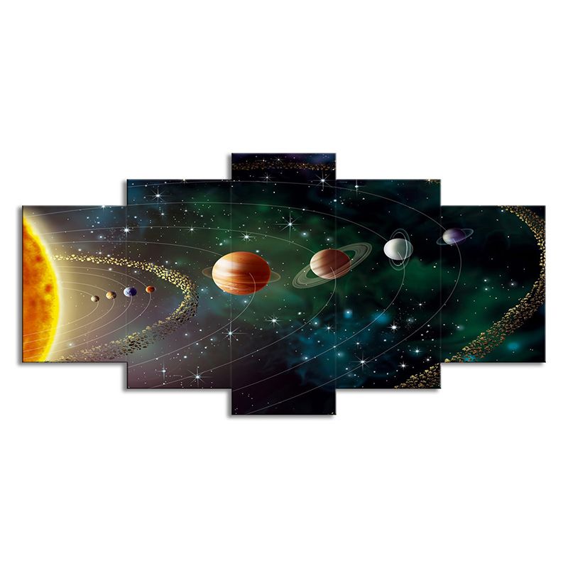 Solar System Wall Art Print Fictional Enchanting Universe Canvas in Green for Bedroom