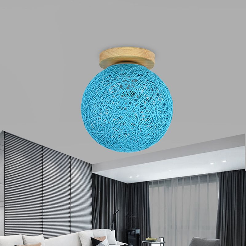 Blue/Flaxen Globe Shade Flush Mount Lighting Modernist 6"/8" Wide 1 Bulb Rattan Ceiling Mount Light for Corridor