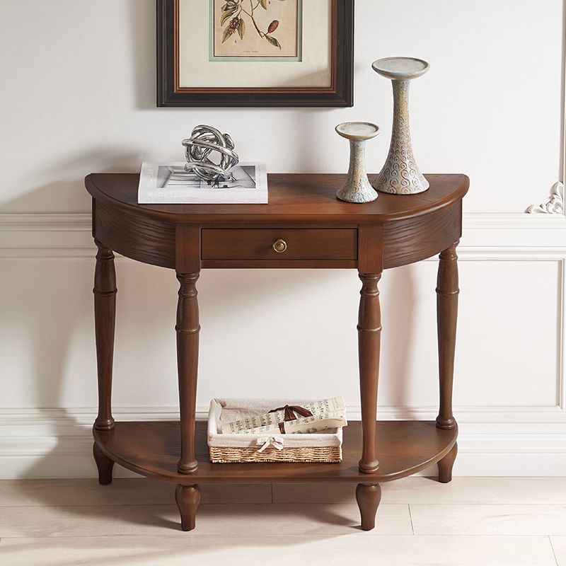 Mid-Century Modern 4 Legs Wood Half Moon Console Table in Brown