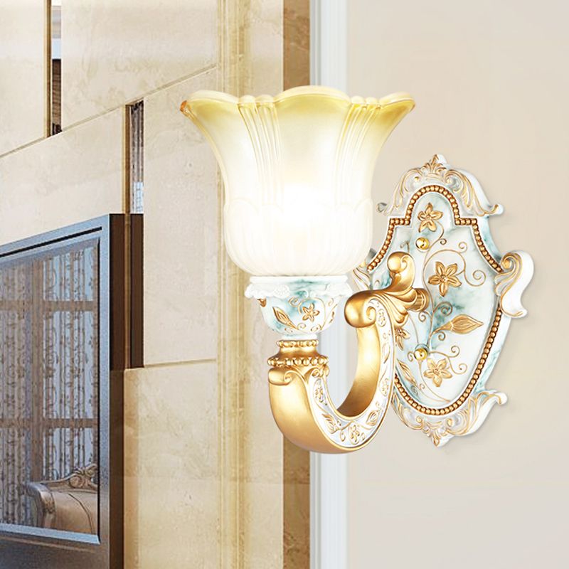 Traditional Flower Wall Mount Lamp 1/2-Head Fading Amber and White Glass Sconce in Gold